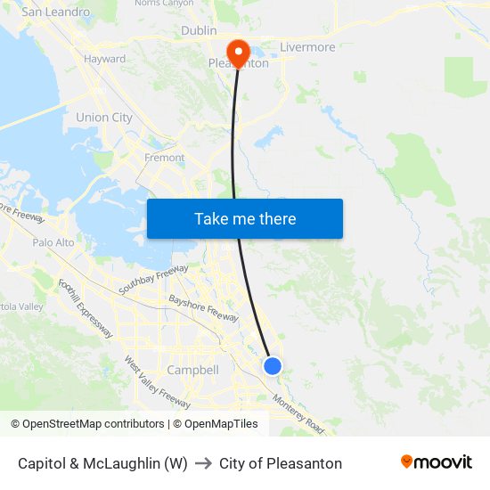 Capitol & McLaughlin (W) to City of Pleasanton map