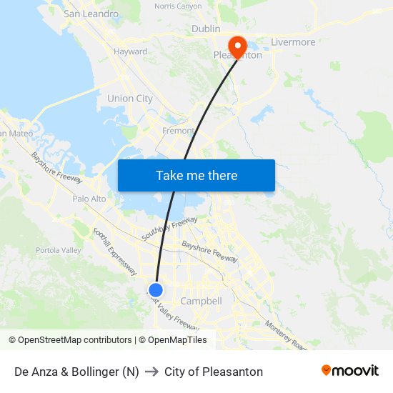 De Anza & Bollinger (N) to City of Pleasanton map