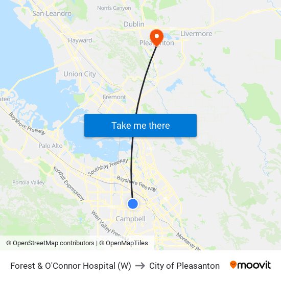 Forest & O'Connor Hospital (W) to City of Pleasanton map