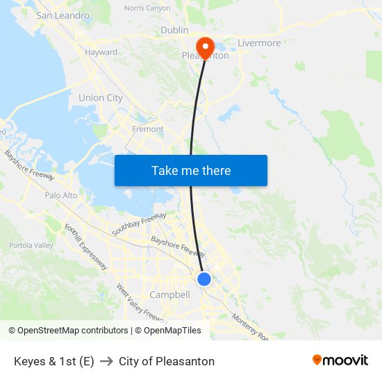 Keyes & 1st (E) to City of Pleasanton map