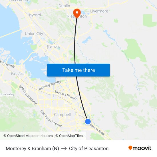 Monterey & Branham (N) to City of Pleasanton map