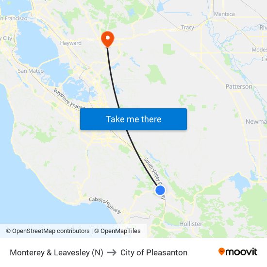 Monterey & Leavesley (N) to City of Pleasanton map