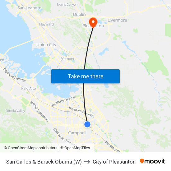 San Carlos & Barack Obama (W) to City of Pleasanton map
