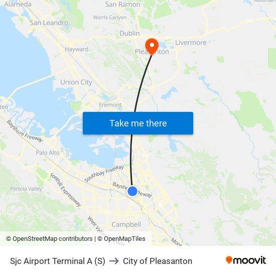 Sjc Airport Terminal A (S) to City of Pleasanton map