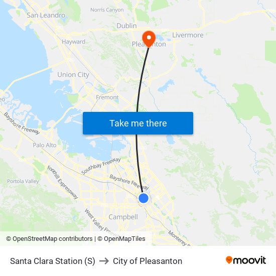 Santa Clara Station (S) to City of Pleasanton map