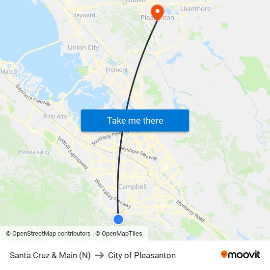 Santa Cruz & Main (N) to City of Pleasanton map