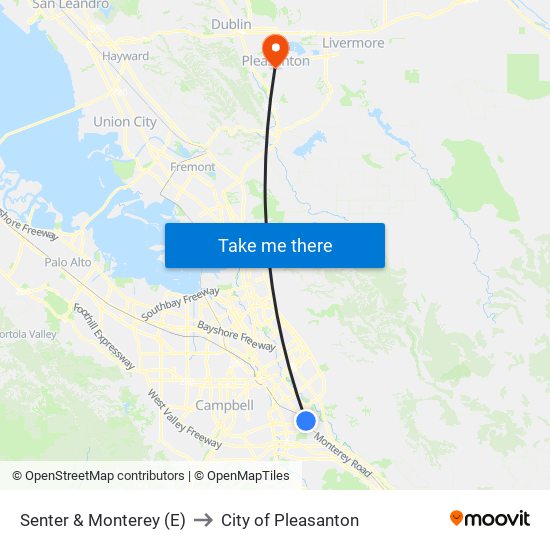 Senter & Monterey (E) to City of Pleasanton map