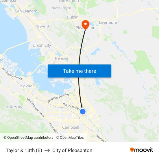 Taylor & 13th (E) to City of Pleasanton map