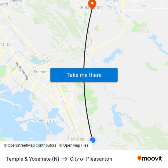 Temple & Yosemite (N) to City of Pleasanton map