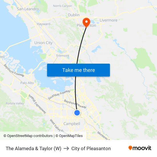 The Alameda & Taylor (W) to City of Pleasanton map