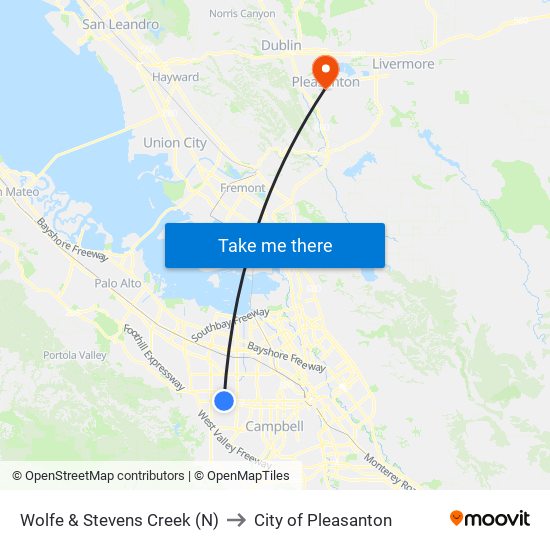 Wolfe & Stevens Creek (N) to City of Pleasanton map