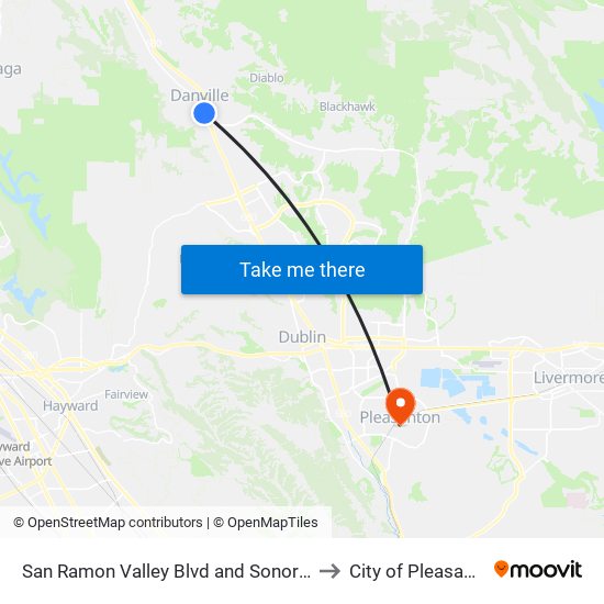 San Ramon Valley Blvd and Sonora Ave to City of Pleasanton map