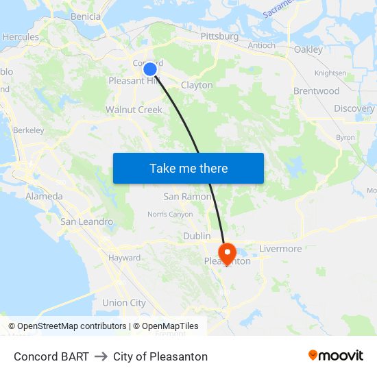 Concord BART to City of Pleasanton map