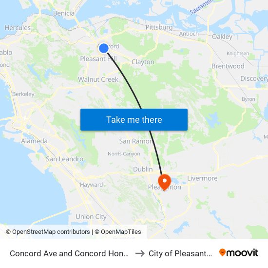 Concord Ave and Concord Honda to City of Pleasanton map