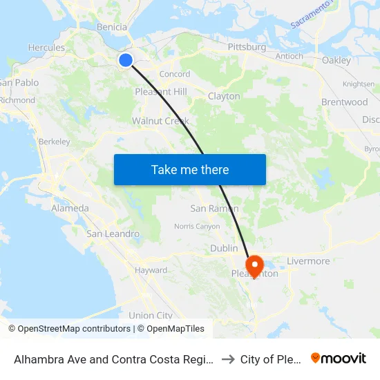 Alhambra Ave and C St-Contra Costa Regional Medical Center to City of Pleasanton map