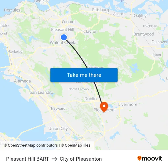 Pleasant Hill BART to City of Pleasanton map
