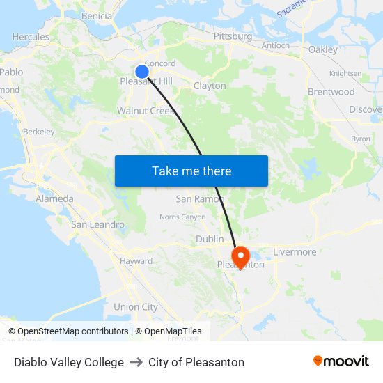 Diablo Valley College to City of Pleasanton map