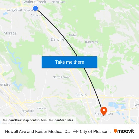 Newell Ave and Kaiser Medical Center to City of Pleasanton map