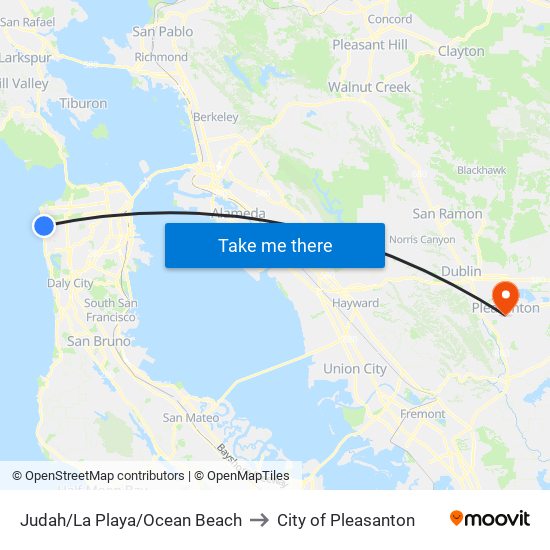 Judah/La Playa/Ocean Beach to City of Pleasanton map