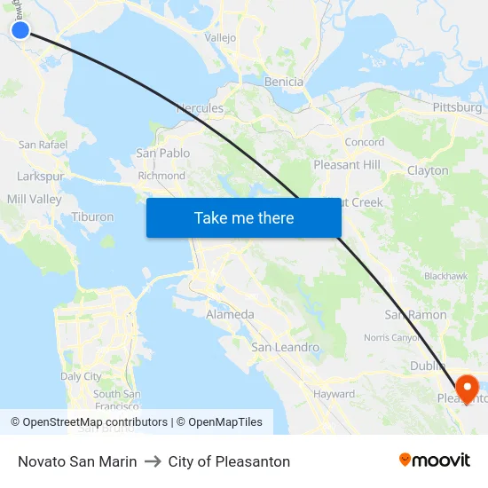 Novato San Marin to City of Pleasanton map