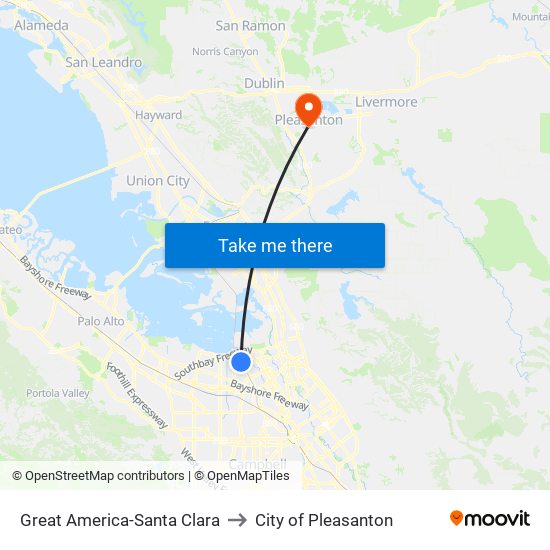 Great America-Santa Clara to City of Pleasanton map