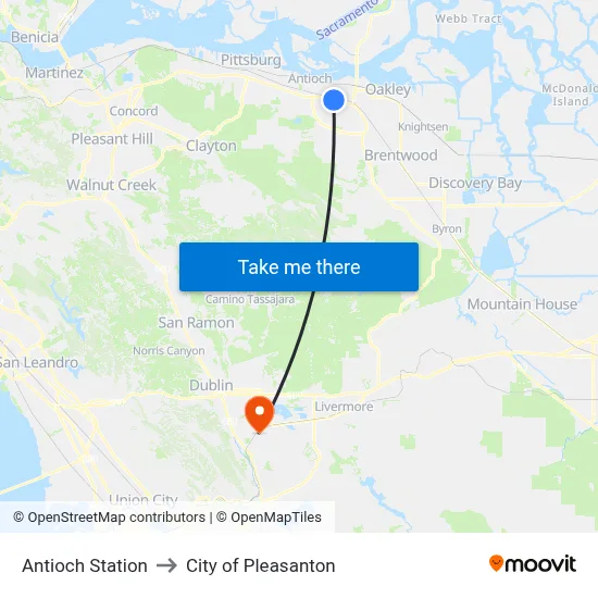 Antioch Station to City of Pleasanton map