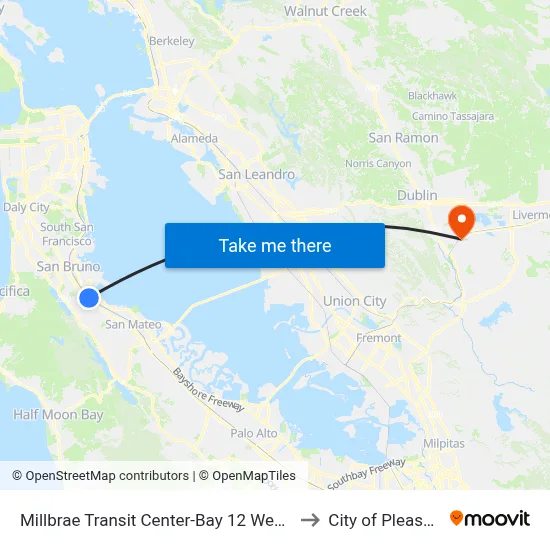 Millbrae Transit Center-Bay 12 West Busway to City of Pleasanton map