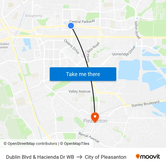 Dublin Blvd & Hacienda Dr WB to City of Pleasanton map