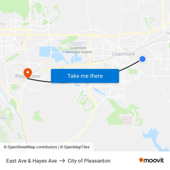 East Ave & Hayes Ave to City of Pleasanton map
