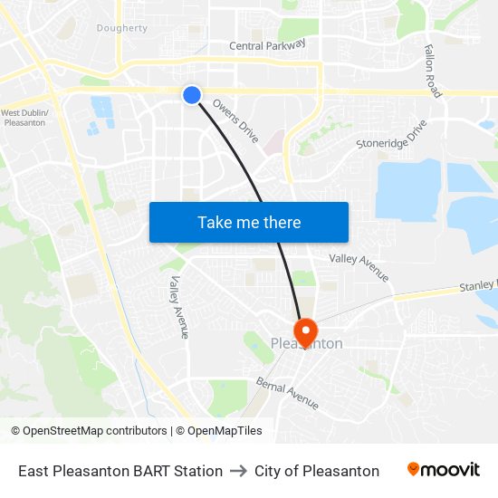 East Pleasanton BART Station to City of Pleasanton map