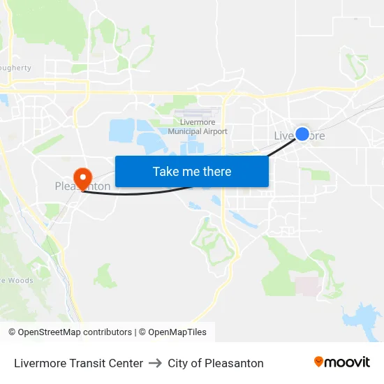 Livermore Transit Center to City of Pleasanton map