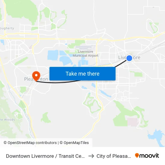 Downtown Livermore / Transit Center EB to City of Pleasanton map
