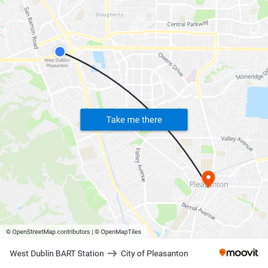 West Dublin BART Station to City of Pleasanton map