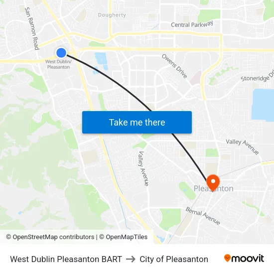 West Dublin/Pleasanton BART to City of Pleasanton map
