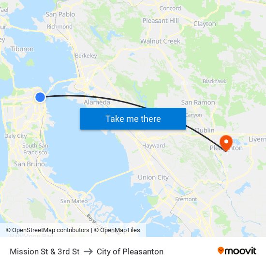 Mission St & 3rd St to City of Pleasanton map