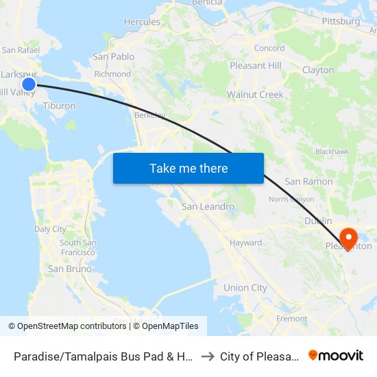 Paradise/Tamalpais Bus Pad & Hwy 101 to City of Pleasanton map