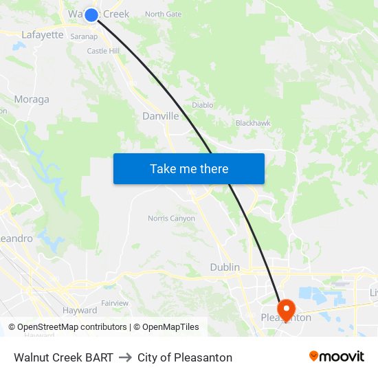 Walnut Creek BART to City of Pleasanton map