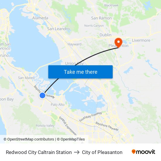 Redwood City Caltrain Station to City of Pleasanton map