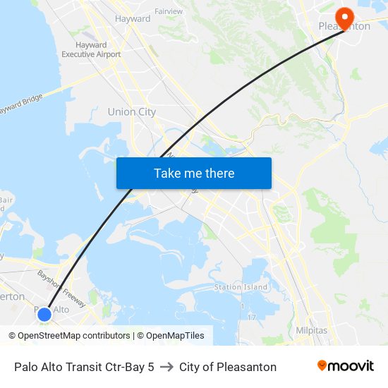Palo Alto Transit Ctr-Bay 5 to City of Pleasanton map