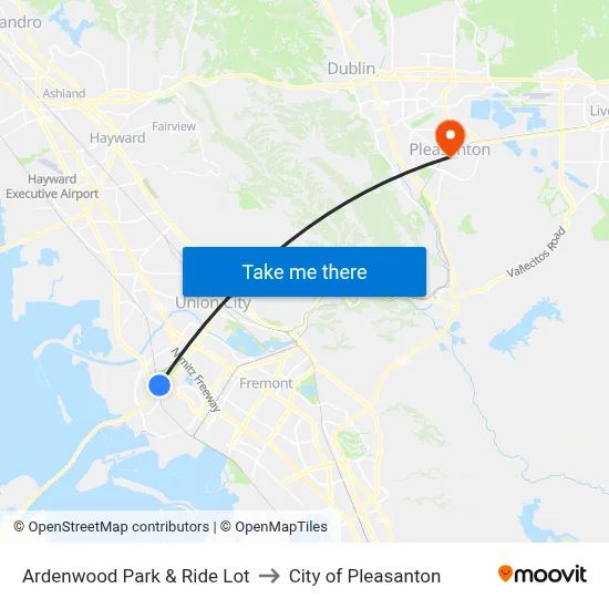 Ardenwood Park & Ride Lot to City of Pleasanton map