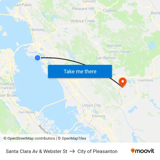Santa Clara Av & Webster St to City of Pleasanton map