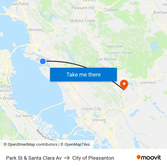 Park St & Santa Clara Av to City of Pleasanton map
