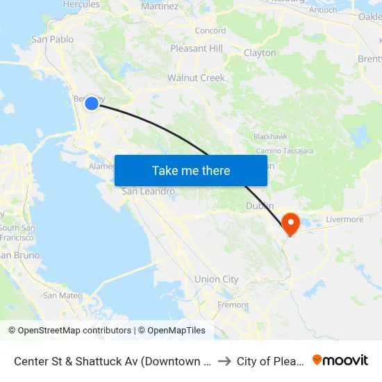 Center St & Shattuck Av (Downtown Berkeley BART) to City of Pleasanton map