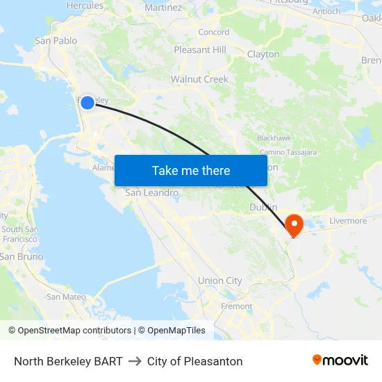 North Berkeley BART to City of Pleasanton map