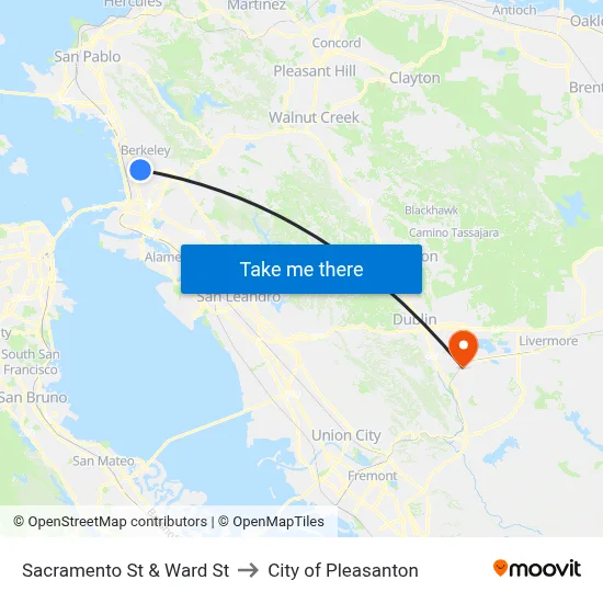 Sacramento St & Ward St to City of Pleasanton map