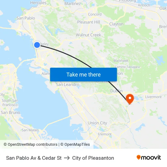 San Pablo Av & Cedar St to City of Pleasanton map