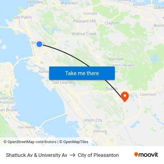 Shattuck Av & University Av to City of Pleasanton map
