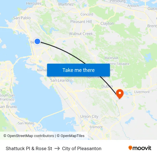 Shattuck Pl & Rose St to City of Pleasanton map