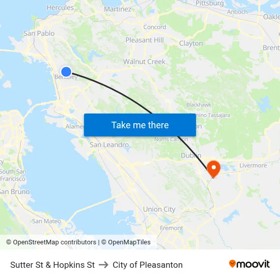 Sutter St & Hopkins St to City of Pleasanton map