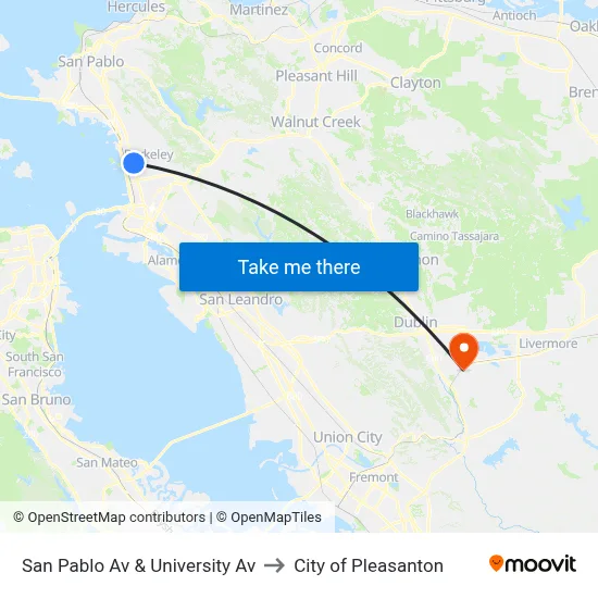 San Pablo Av & University Av to City of Pleasanton map